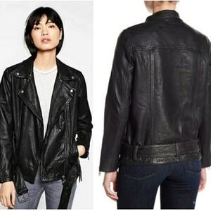 LIEBESKIND Berlin Black lamb skin Leather belted moto Jacket size M
